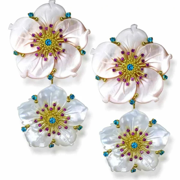 Citrine Jewelry | Pearl Earrings*Alex Soldier Gold Blossom Convertible Double Drop Earrings with Carved Mother Of Pearl