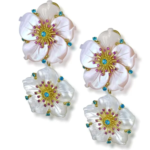 Citrine Jewelry | Pearl Earrings*Alex Soldier Gold Blossom Convertible Double Drop Earrings with Carved Mother Of Pearl